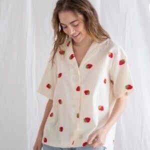 Strawberry Embroidered Women's Cream Button-Down Shirt